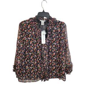 NWT Richard Malcolm Black Floral Silk Sheer Peasant Blouse Women's Size Medium